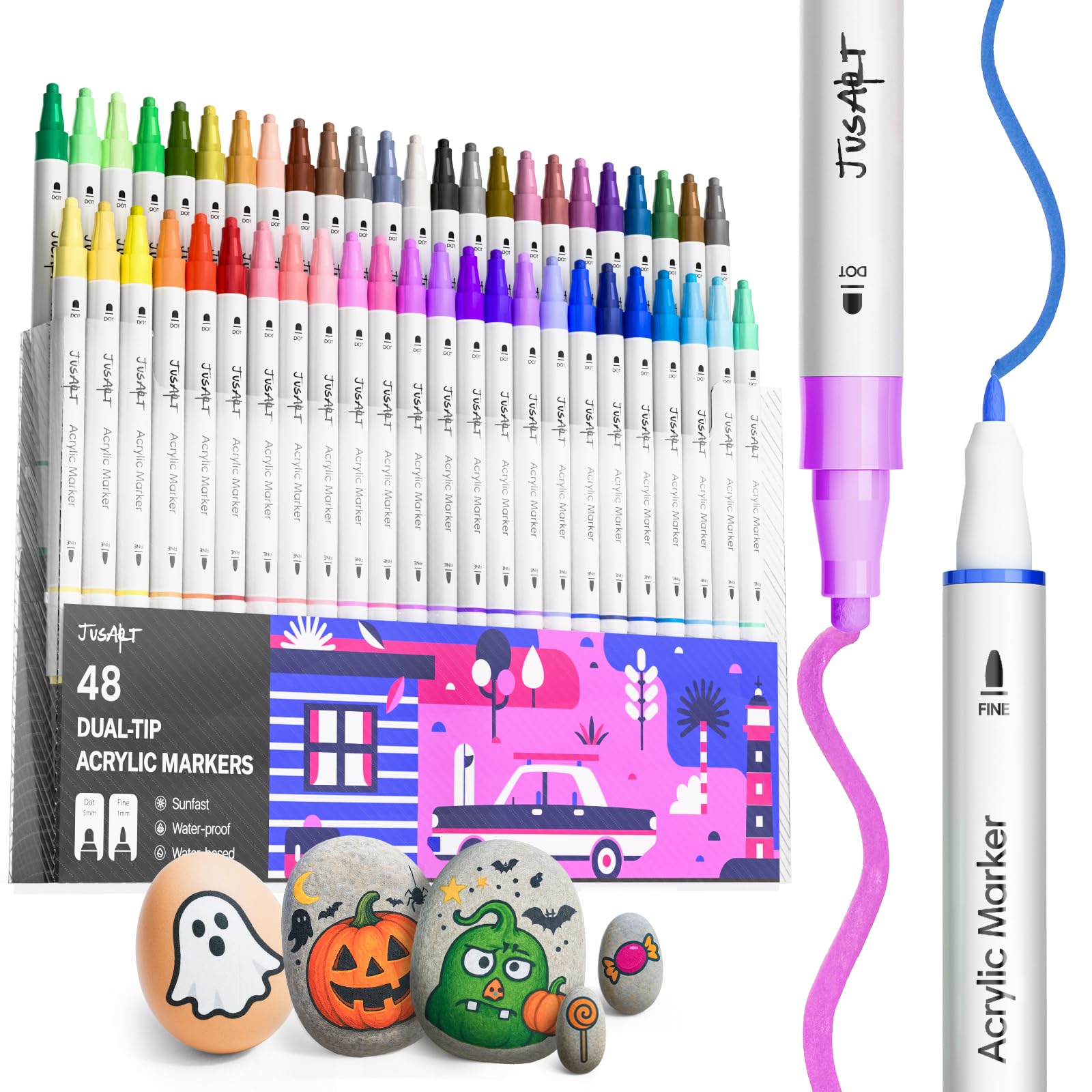 

JusArt Acrylic Marker Paint Markers with Brush Tip and Fine for Acrylic Art Metallic for Writing on and Perfect as a Gift Pens, 48-Color Set, Tip,