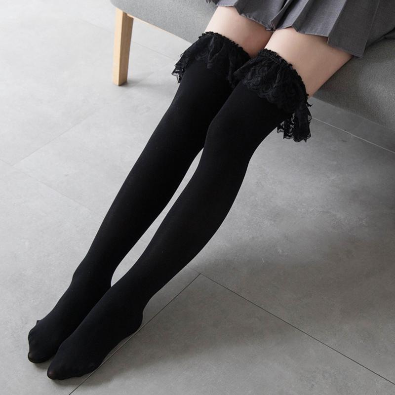 Sexy Solid Color Over The Knee Long Socks Women Thigh High Stockings Japanese Lolita Ruffles Lace Anime Cosplay Hosiery