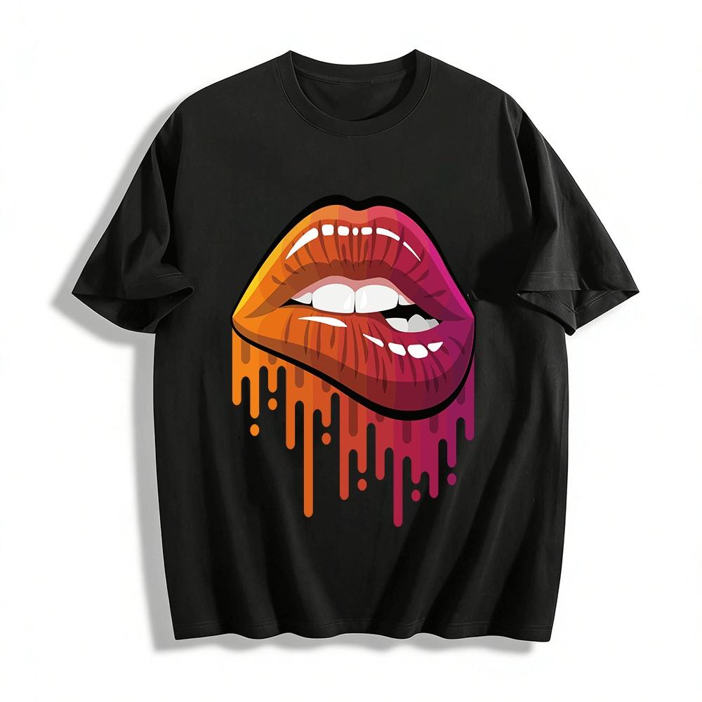 Gradient Fluid Lip Print Cool Street Style Casual Short Sleeve T-Shirt Pure cotton T-shirt XXS