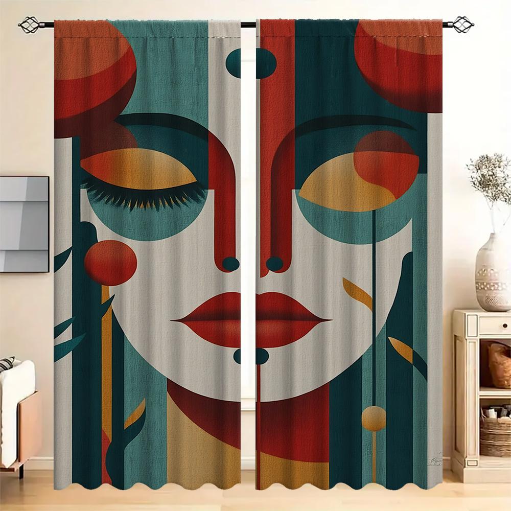 2PC Home Colorful Facial Features Curtains With Landscape Background And Pole Pocket Curtains, Kitchen, Coffee Shop, Living Room