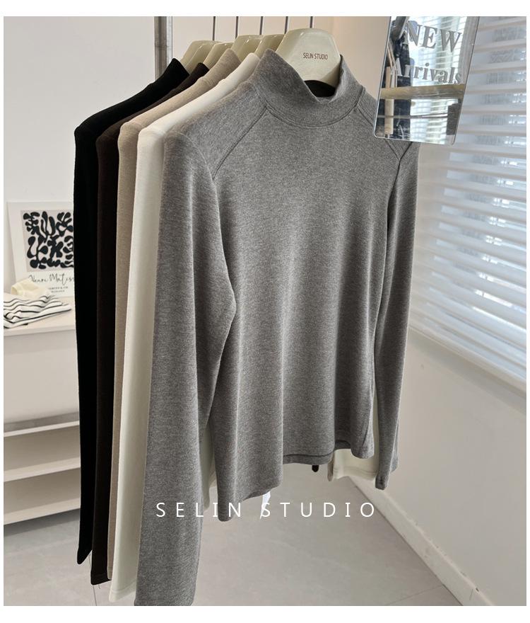 Korean-Style Double-Sided Oreo Fleece Half-Turtleneck Warm Base Layer Top for Women - Long-Sleeve Winter T-Shirt