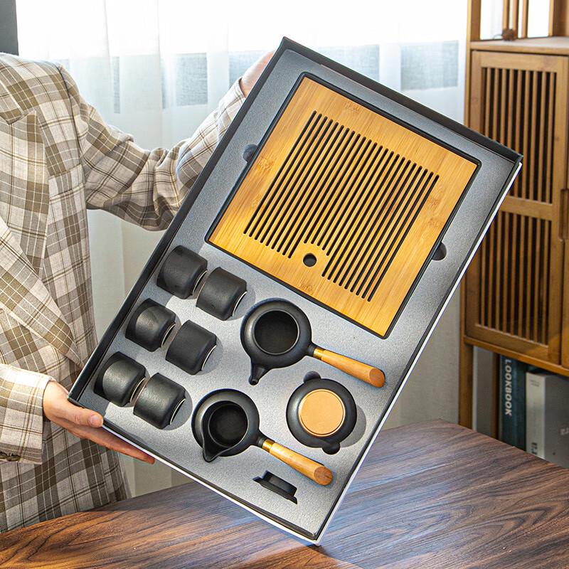 Lilang Japanese Style Black Pottery Kung Fu Tea Set with Double-Handle Tray