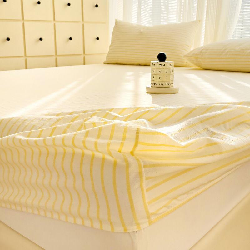 Japanese Style Washed Cotton Striped Bed Sheet Three Piece Set, Full Coverage, Non Slip Single Piece, Simmons Mattress, Dust