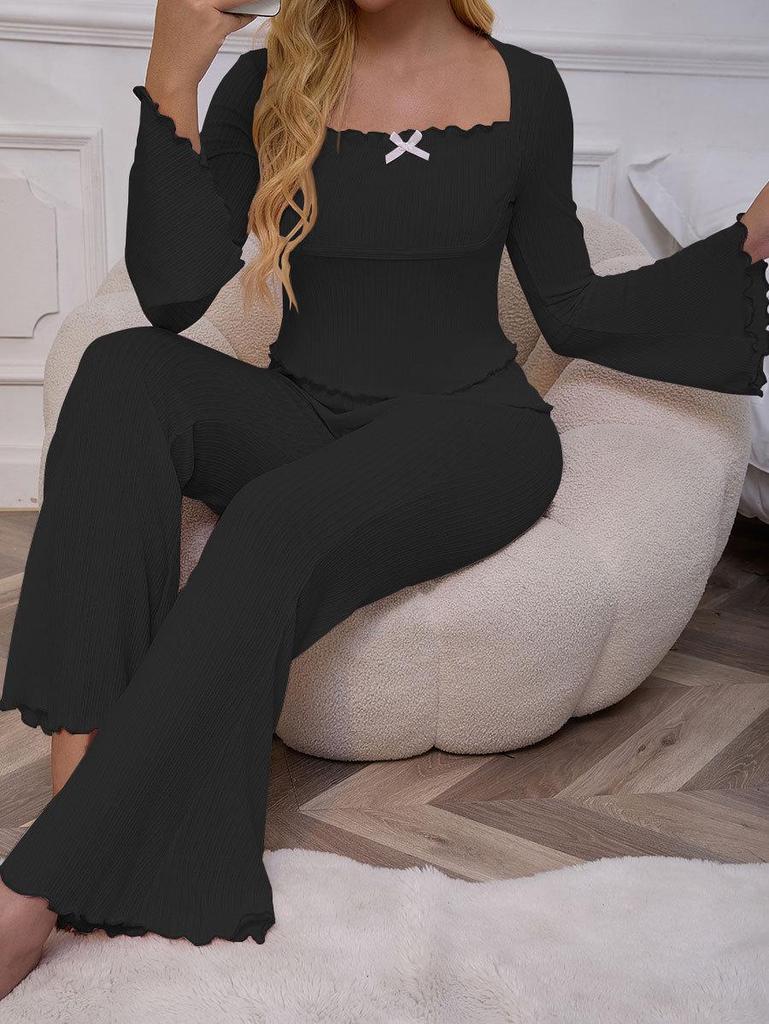 Women's Bell Sleeve Pajama Set: Sexy & Simple Long Sleeve Top with Bow and Long Pants