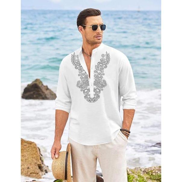 Męska bawełniana krótka kurta z długim rękawem i etnicznym dekoltem | Casualowa kurta o pogniecionej fakturze ze stójką