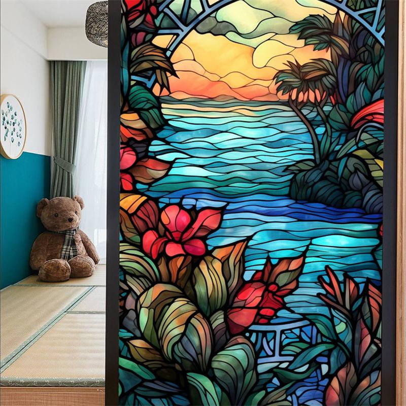 Gebeizte bunte tropische Pflanzenblumen, Ozean-Sonnenaufgang, Fensterglas, statische Aufkleber, entfernbare dekorative PVC-Folie für das Home Office