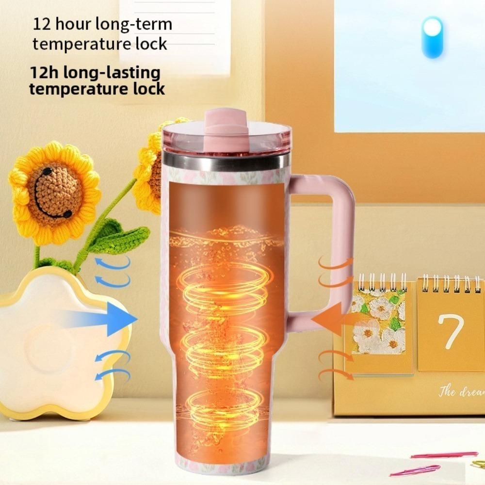 40 Oz Insulated Mug with Handle and Flip Top Straw, Double Wall Vacuum 12 Hour Insulated Water Bottle Leak Proof BPA Free