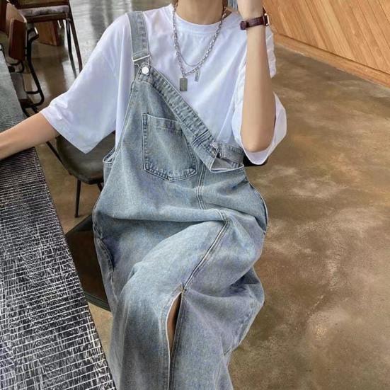 Robe en jean à bretelles sans col, ample, dos nu, sans manches, poches latérales, ourlet fendu, couleur unie, bandoulière réglable, robe mi-longue pour étudiante
