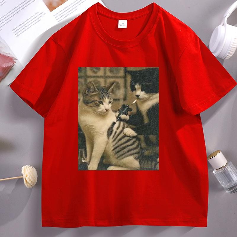 Tattoo Cat Meme T Shirt Casual Cotton Short Sleeve Graphic Tees Streetwear High Quality Casual Men's Clothes Y2k Streetwear