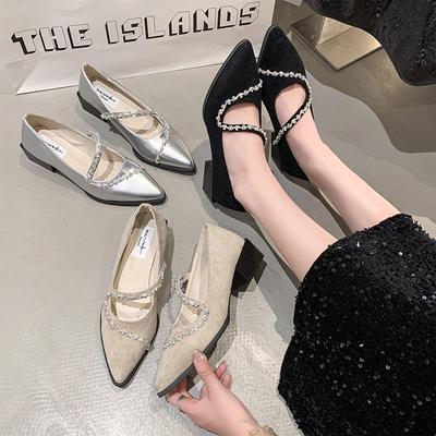 Frühling und Sommer 2025 neue leichte Luxus geschwungene Strass Temperament vielseitig spitz zulaufend allumfassend quadratischer Absatz weiche Sohle Einzelne Schuhe Damen