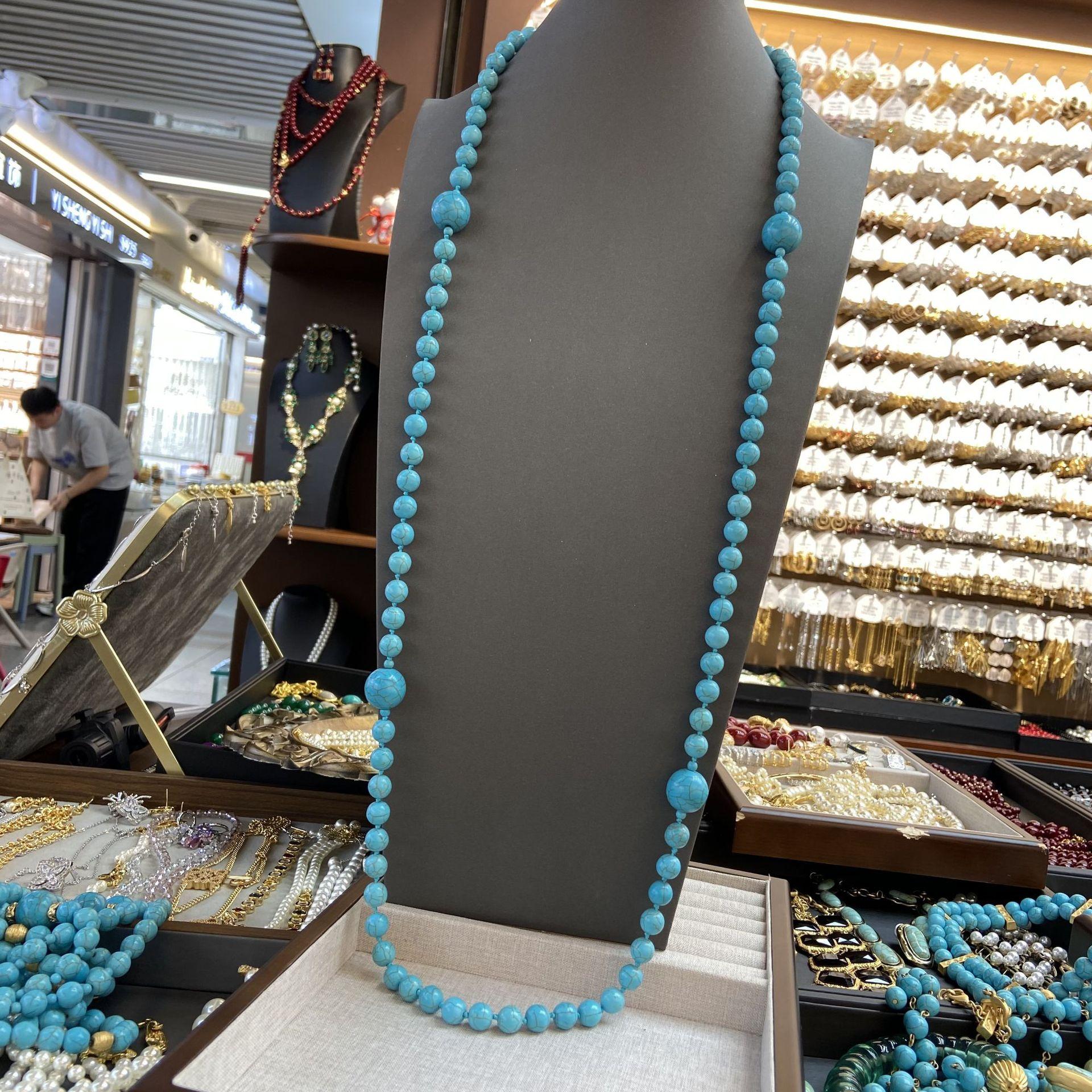 Turquoise Long Sweater Chain, Retro Knotted Bead Chain, Multi-Circle Necklace Jewelry.