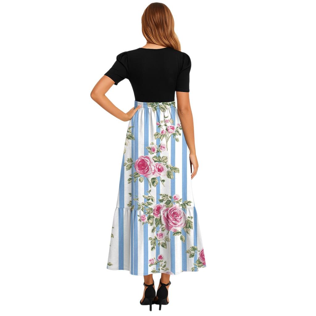 Damen Modisches Lässiges Gürtel Kurzärmeliges Rundhals Print Elegantes Temperament Kleid