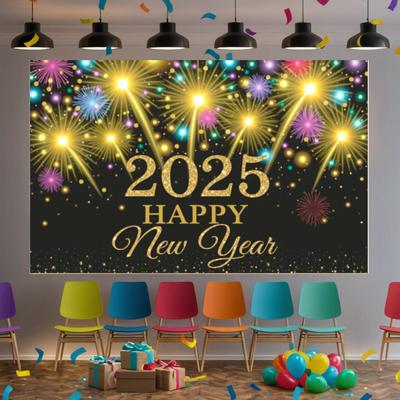 Color Negro Dorado Banner de Fondo de Año Nuevo 2025 Feliz Año Nuevo Decoración de Fondo para Fiesta de Navidad Regalos Suministros para Fiesta de Año Nuevo