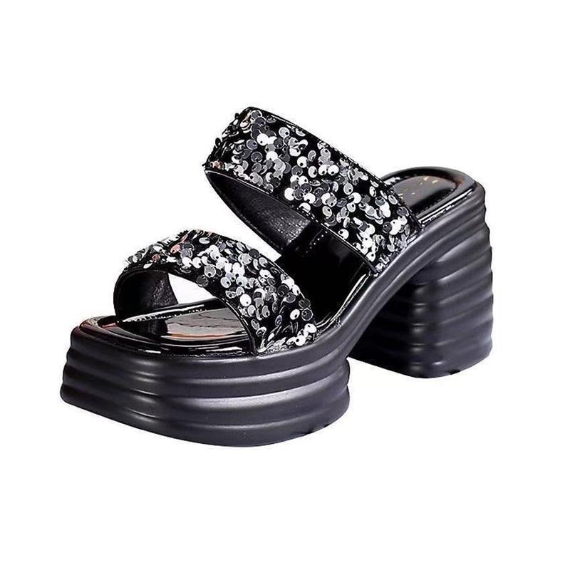 Spring and summer sequined silver slippers outside casual new thick-soled one-word high-heeled sandals