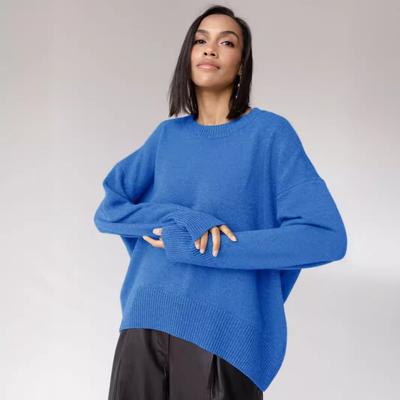 Europe and America Casual Knit Sweater for Women Round Neck Long Sleeve Loose Breathable Knit Top Solid Simple Fashion Soft Comfortable Sweater
