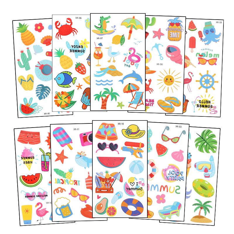 10pcs Hawaiian Summer Party Temporary Tattoo Sticker Waterproof Tropical Flamingo Luau Beach Birthday Party Decoration Kids Gift