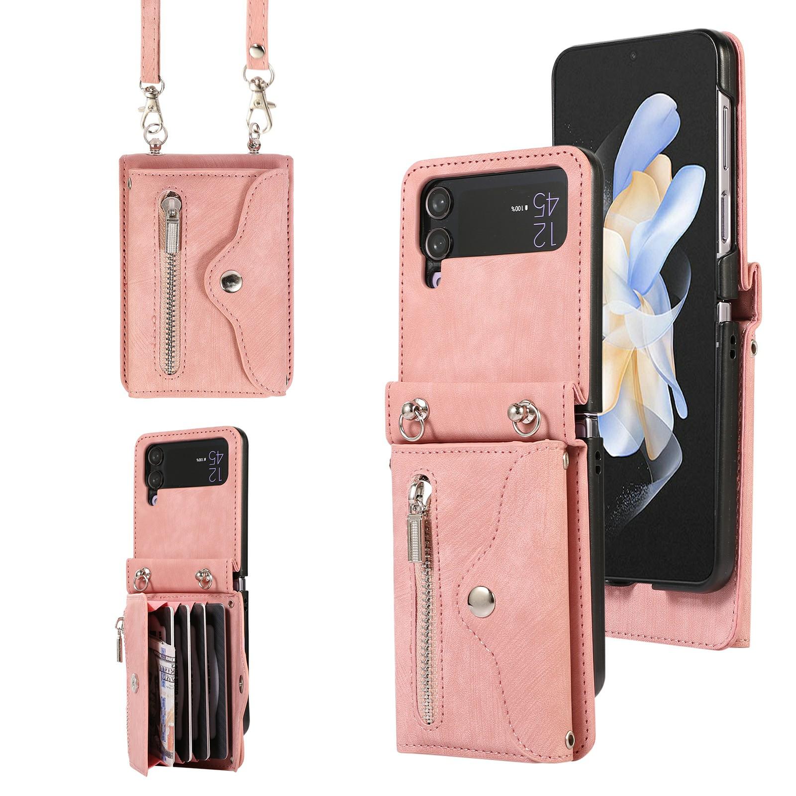 

For Samsung Galaxy Z Flip4 5G Case PU Leather+TPU RFID Blocking Card Slots Phone Cover with 2 Straps Rose Gold