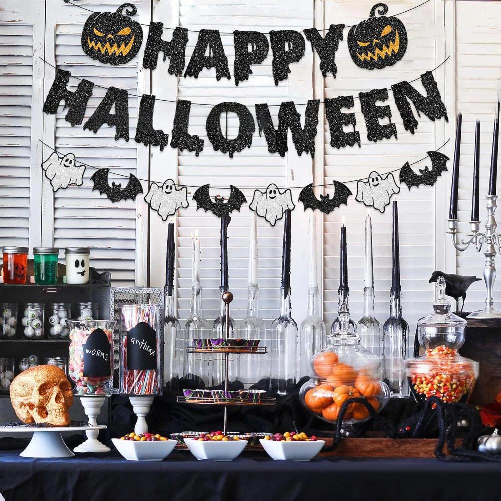 Runtow Happy Halloween Banner , Halloween Paper Hanging Garland Bunting Banner ,Pumpkin Flag, Halloween Party Backdrop Decor