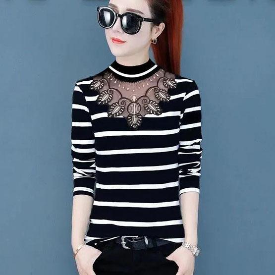 

Весенне-осенняя женская кружевная рубашка с вырезами, повседневные полосатые топы большого размера с длинными рукавами M чёрный