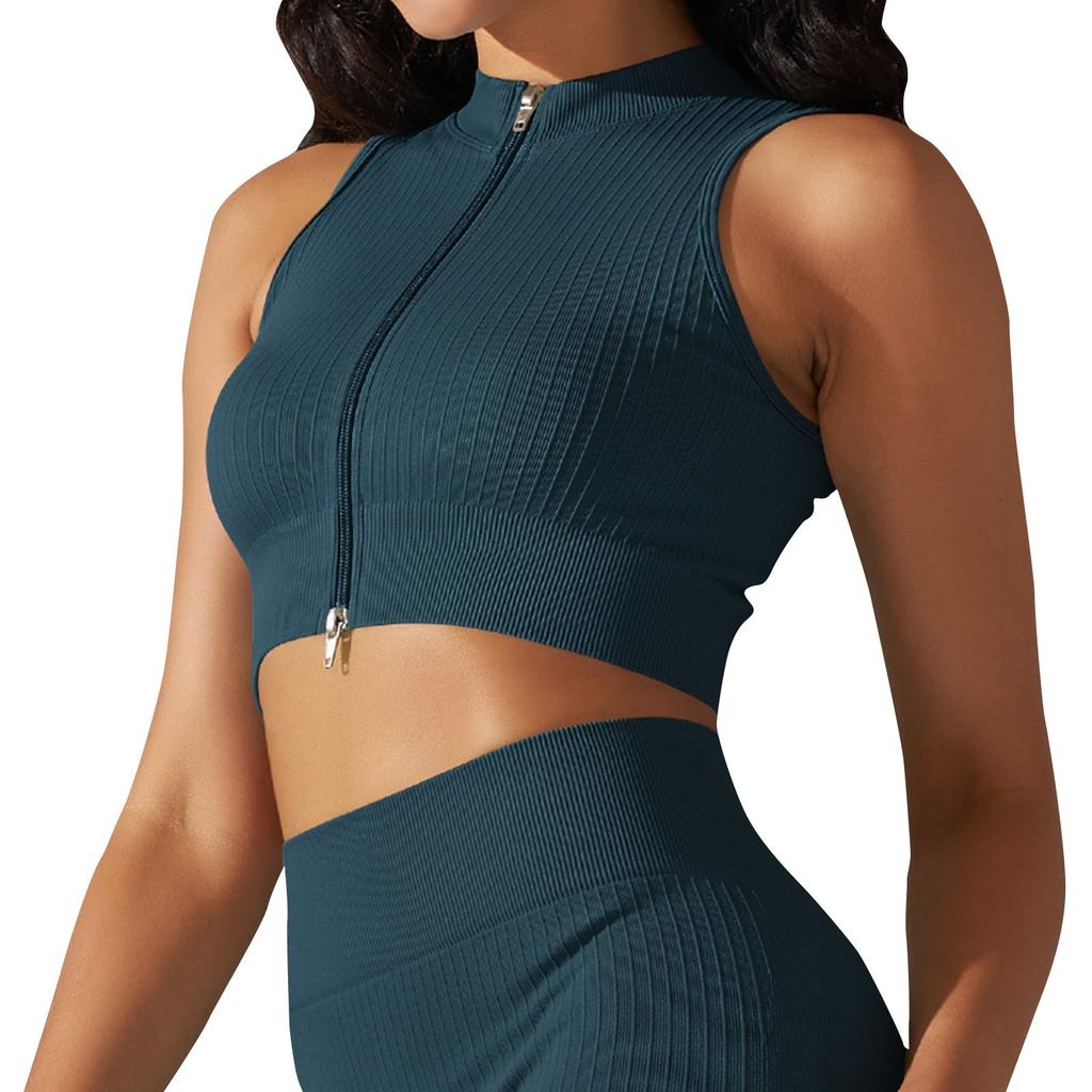 Women's Fashion Seamless Knit Tight Breathable Yoga Sexy Comfortable Casual Sports Running Fitness Top With Zipper