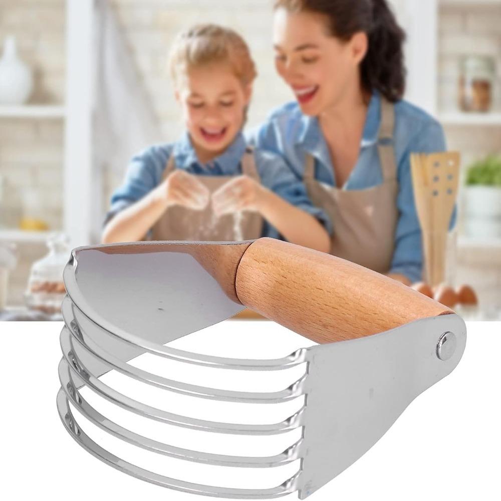 Multifunctional Manual Dough Blender Wood Handle Curved Design Flour Cutter Stainless Steel Butter Churner Fruit Puree