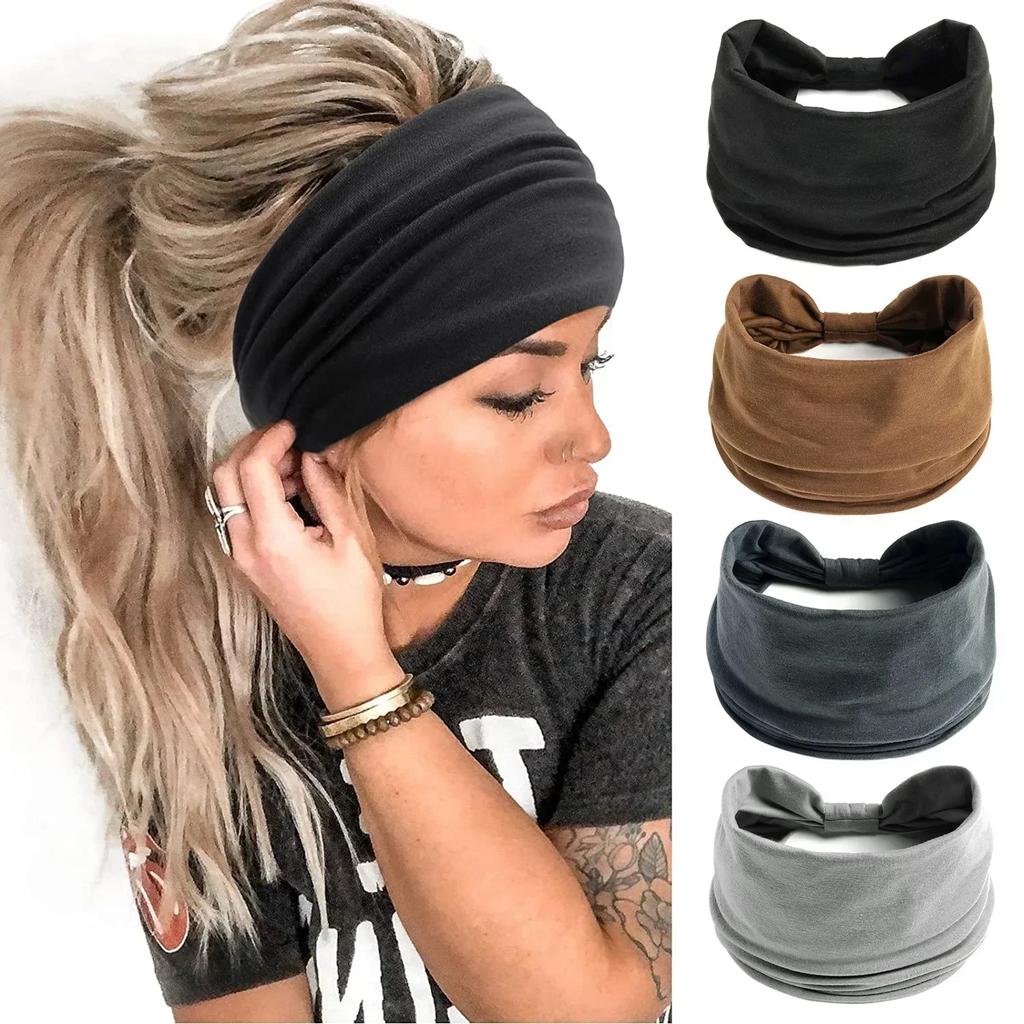1 unidad de diademas anchas bohemias de Color sólido, turbante elástico con nudo Vintage para mujeres y niñas, pañuelo suave de algodón, accesorios para el cabello