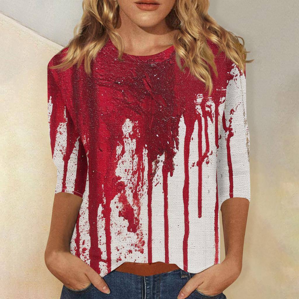 Women's Fashion Casual Round Neck 3/4 Sleeve Loose  Printed T-Shirt Ladies Top