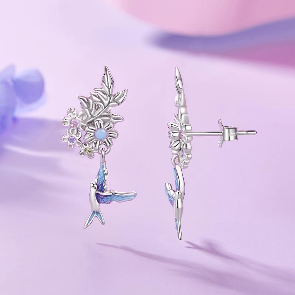 Silver Hummingbird Earrings with Flowers, 925 Silver Studs