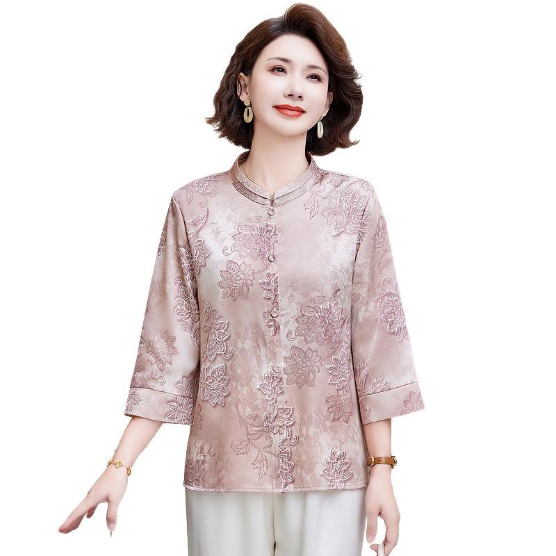 Mom's 2025 New Style Seven-Sleeve Printed Chiffon Blouse for Middle-Aged and Elderly