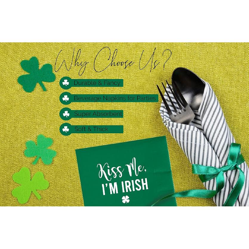52 Pcs Kiss Me I'm Irish St Patricks Day Napk Paper - Green Shamrock Napk with Gold Foil for Dinner or Cocktail Parties - St. Patrick's Decorations