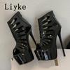 Moda Liyke Estate Traforate Pelle Verniciata Stivali con Plateau Donna Sexy Punta Aperta Zip Tacchi Altissimi Scarpe Pole Dance Stripper Nero