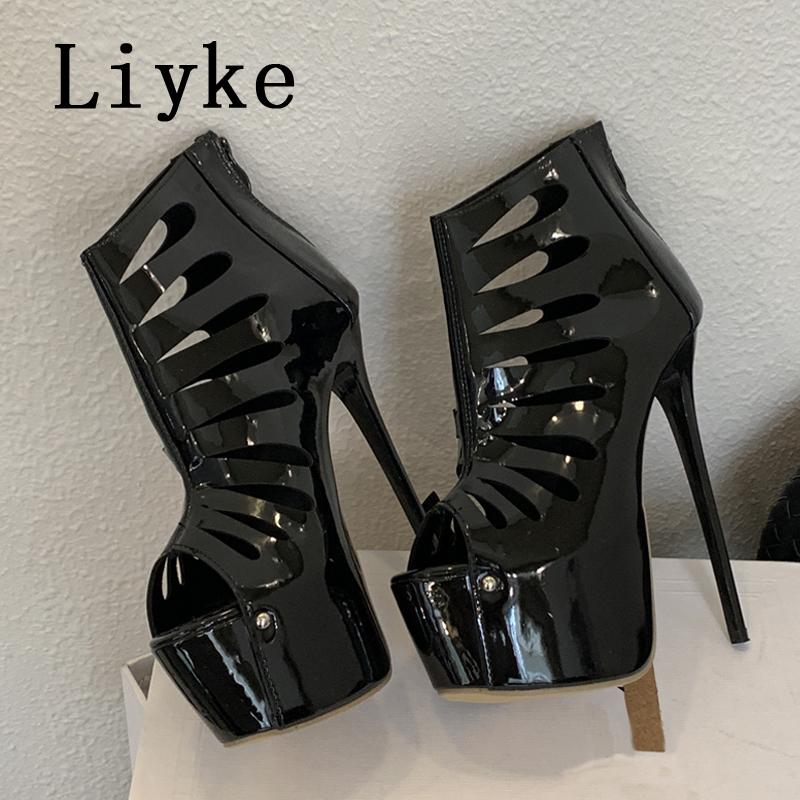 Moda Liyke Estate Traforate Pelle Verniciata Stivali con Plateau Donna Sexy Punta Aperta Zip Tacchi Altissimi Scarpe Pole Dance Stripper Nero