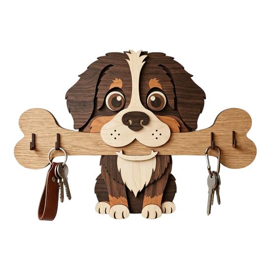 Portachiavi in Legno da Parete, Gancio per Ingresso a Forma di Cane che Tiene un Osso per Casa, Cucina, Corridoio, Organizer Rustico per Chiavi, Guinzaglio per Cani