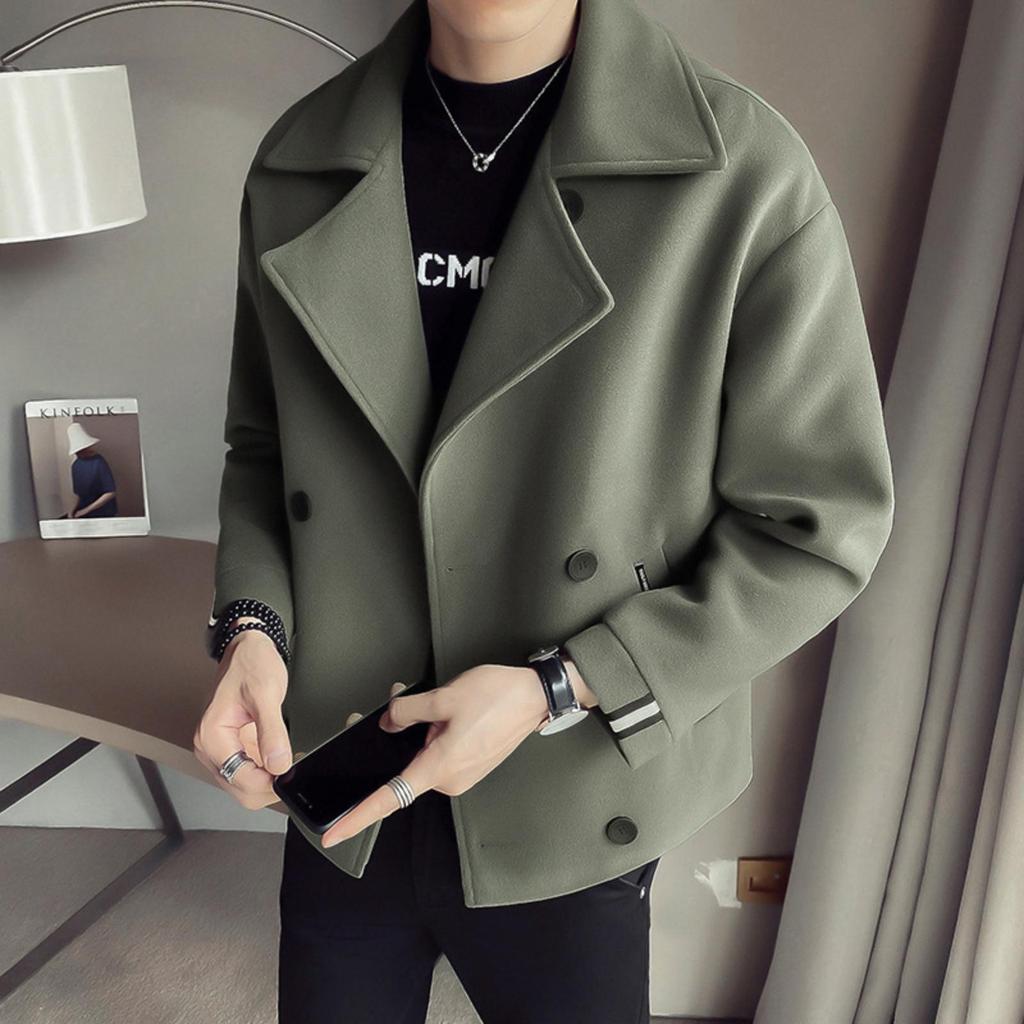 Men's Short Trench Coat, Casual And Warm Woolen Overcoat