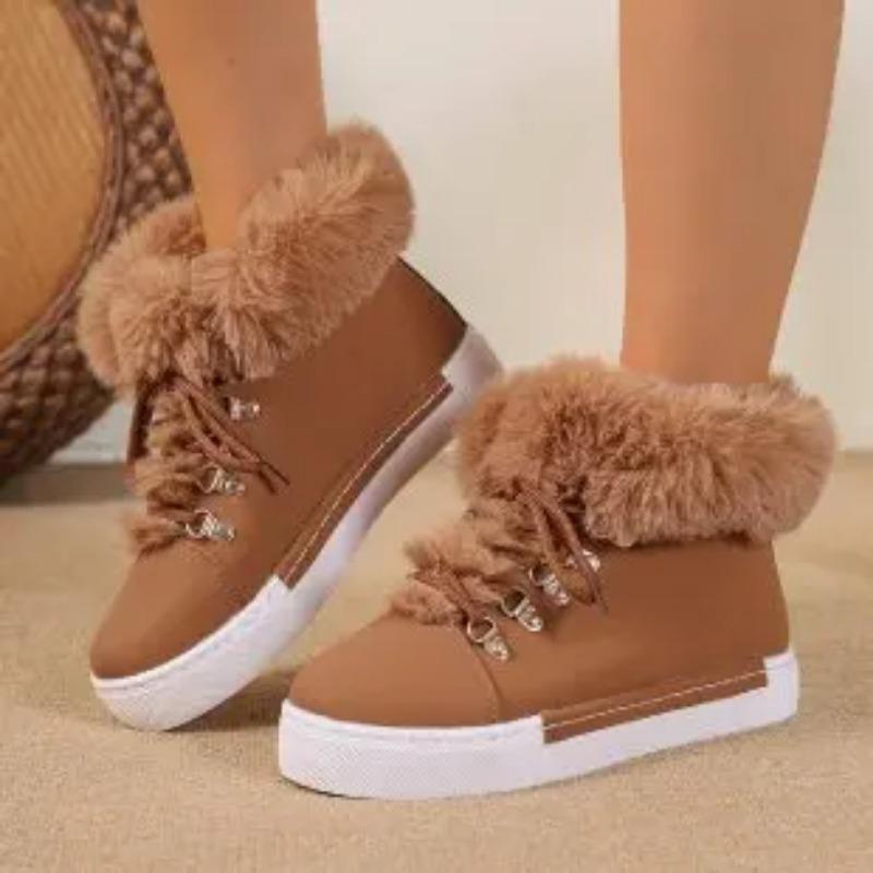 Women's Winter Warm Black Fluffy Boots Lace Up Soft Sole Platform Ankle Botas Mujer Non Slip Thick Plush Snow Boots Plus Size 43