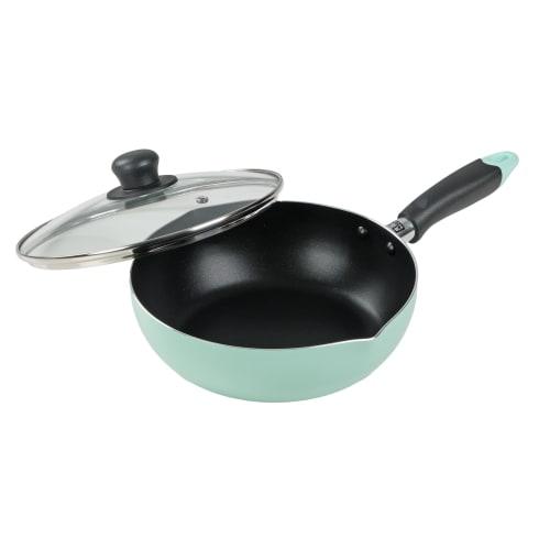 Pearl Metal Frying Pan, 22cm, 2.3L, with Graduations, Fluoropolymer Coating, Induction and Gas Compatible, Deep Frying Pan with Glass Lid, Green, HC-8