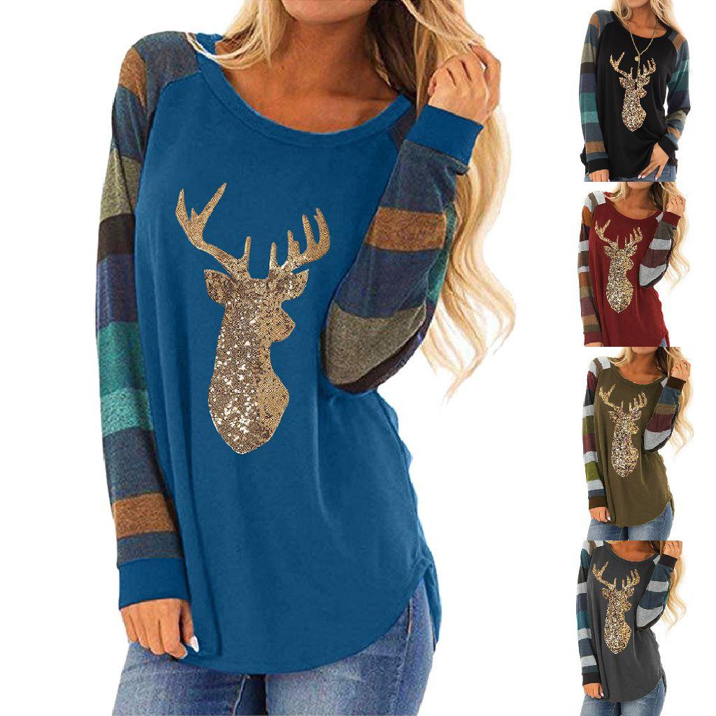 Festive Womens Christmas Tops With Sparkling Sequin Reindeer Long Sleeve Design