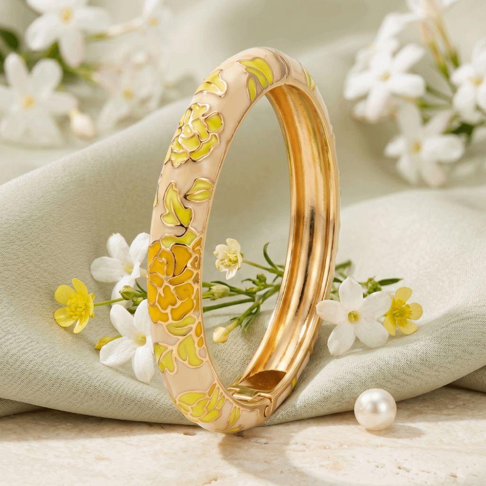 Flower Design Oil Drop Bracelet Wide Enamel Dropped Glaze Bangle Enamel Bracelet Daily Wear