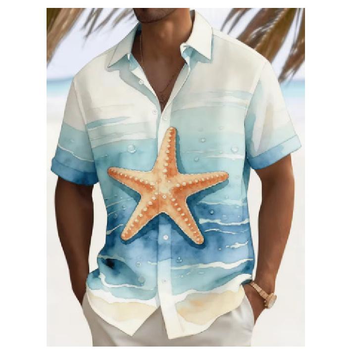 2026 Men's Watercolor Ocean Print Short-Sleeve Summer Hawaiian Vacation Loose-Fit Casual Shirt