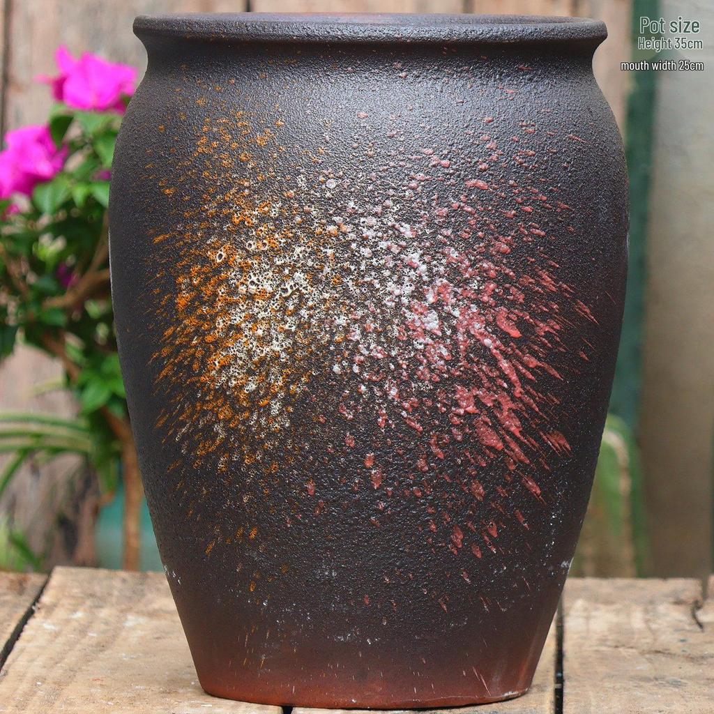 Retro White Coarse Pottery Jar - Large Bougainvillea Bamboo Turtle Back Flower Pot