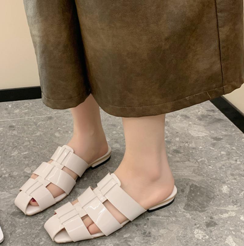 Baotou Niedrig Absatz Hausschuhe Damen Mode Quadratische Spitze Geflochten mit Hohlraum Weiche Sohle Rutschfest Verschleißfest Quadratischer Absatz Schuhe