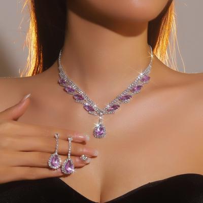 Collana e orecchini di lusso scintillanti con diamanti Super Beauty Set di gioielli da sposa Orecchini pendenti con goccia d'acqua in ametista Set di due pezzi