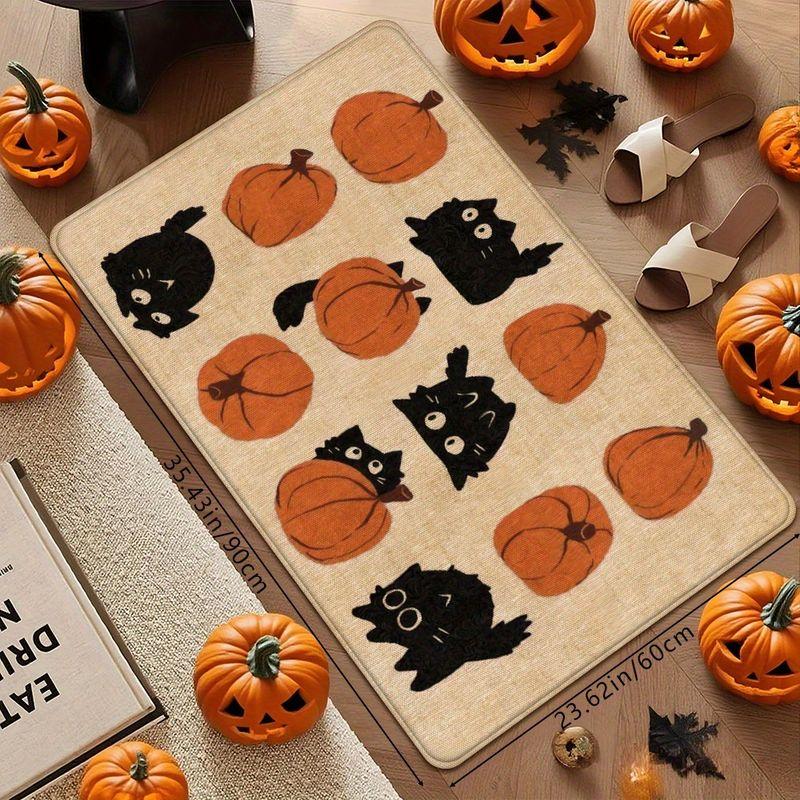 Halloween Black Cat Pumpkin Kitchen Rug Non‑Slip Absorbent Floor Mat For Home Kitchen Entrance Decor