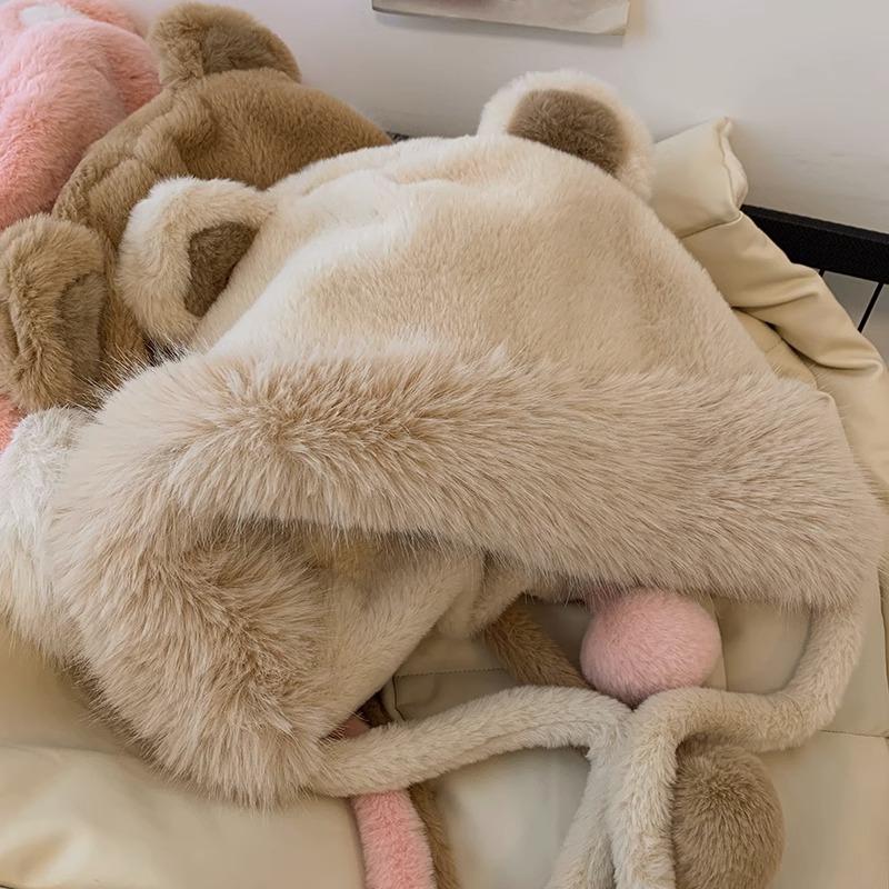 Cute female autumn and winter bear ears plush hat plush and thickened cycling cold-proof ear hat