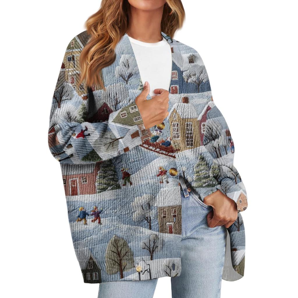 Women's Fashion Long Sleeve Christmas Print V-Neck Button Loose Cardigan Top
