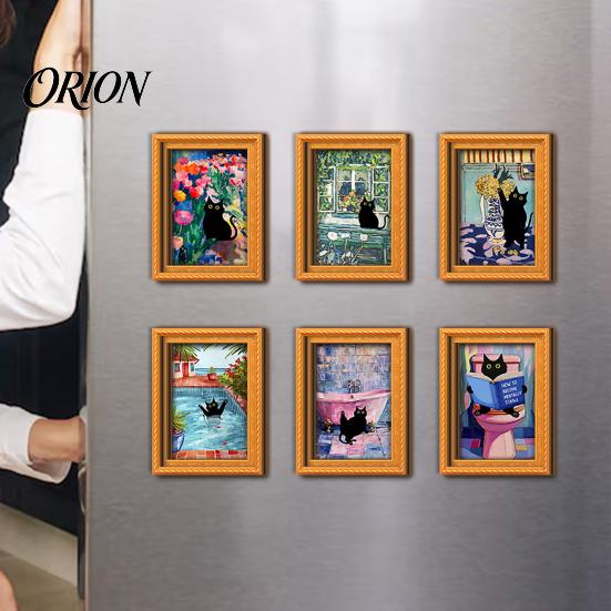Cat Pattern Magnet Decor Oil Painting Refrigerator Magnet, Wooden Frame Black Decorative Fridge Magnets Theme Retro Rectangle Magnetic Decoration