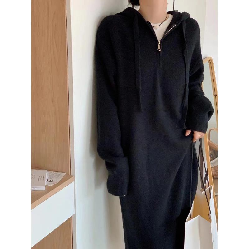 Hooded zipper sweater skirt women's autumn and winter new loose lazy casual thick knitted dress