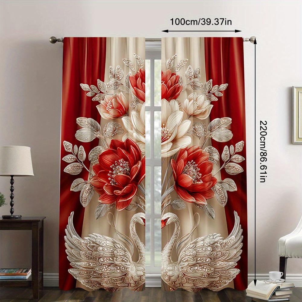 Set Of 2 Elegant Swan Floral Curtains Bedroom Office Living Room Decor Curtain For Great Made Polyester With Rod Pocket