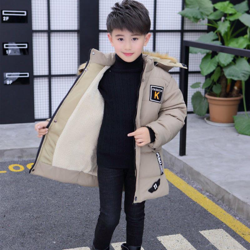 Boys' Winter Thickened Hooded Jacket Mid-length Boys' Padded Jacket Plus Velvet Korean Version of The Big Children's Padded Jacket