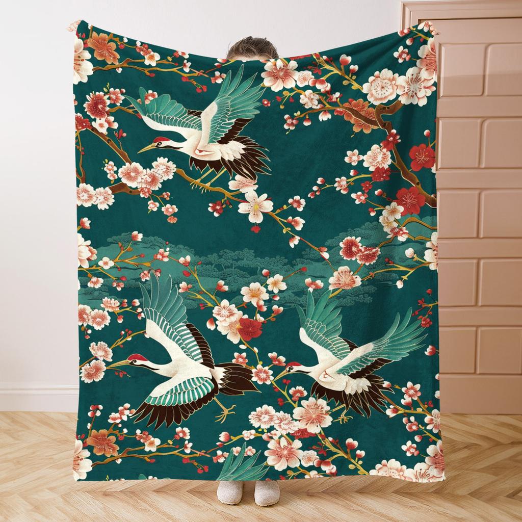 Japanese Crane & Floral Print Throw Blanket - Vintage Japandi Pattern Soft Lightweight Accent for Sofa Bed Travel Office